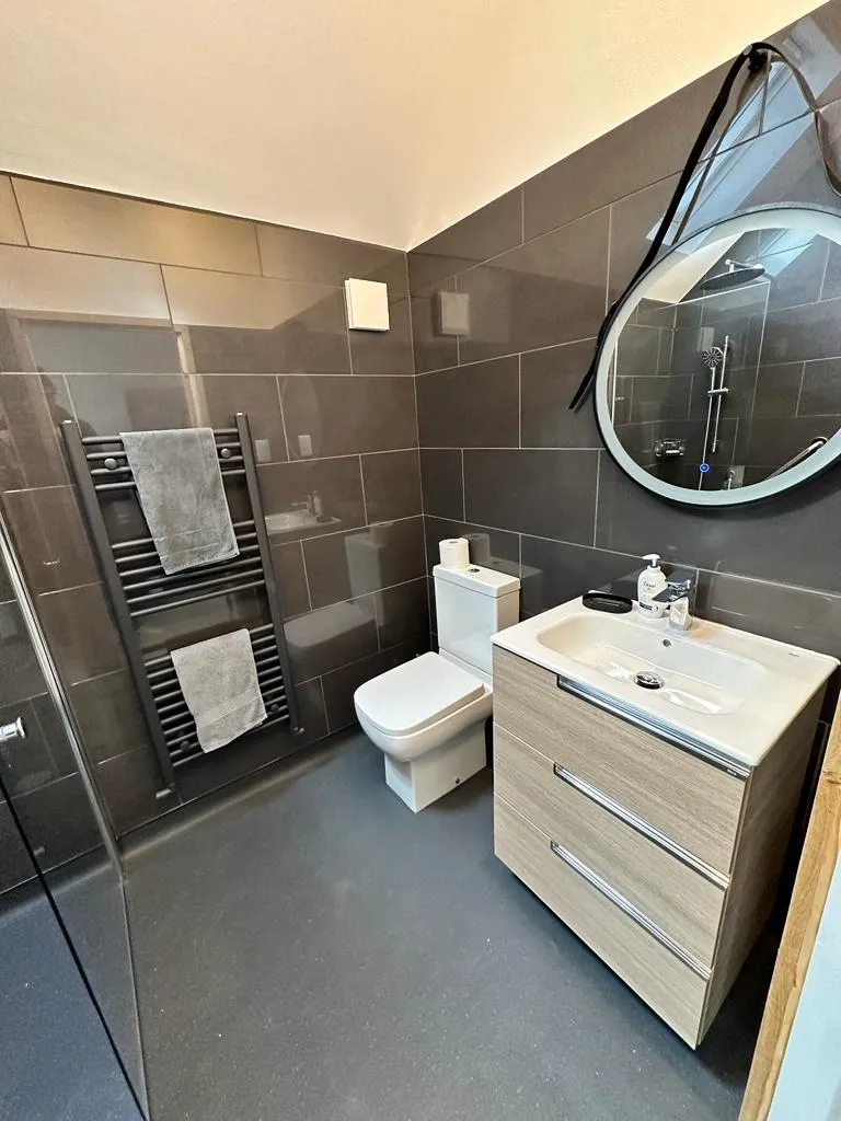 a bathroom with a toilet, sink, and mirror