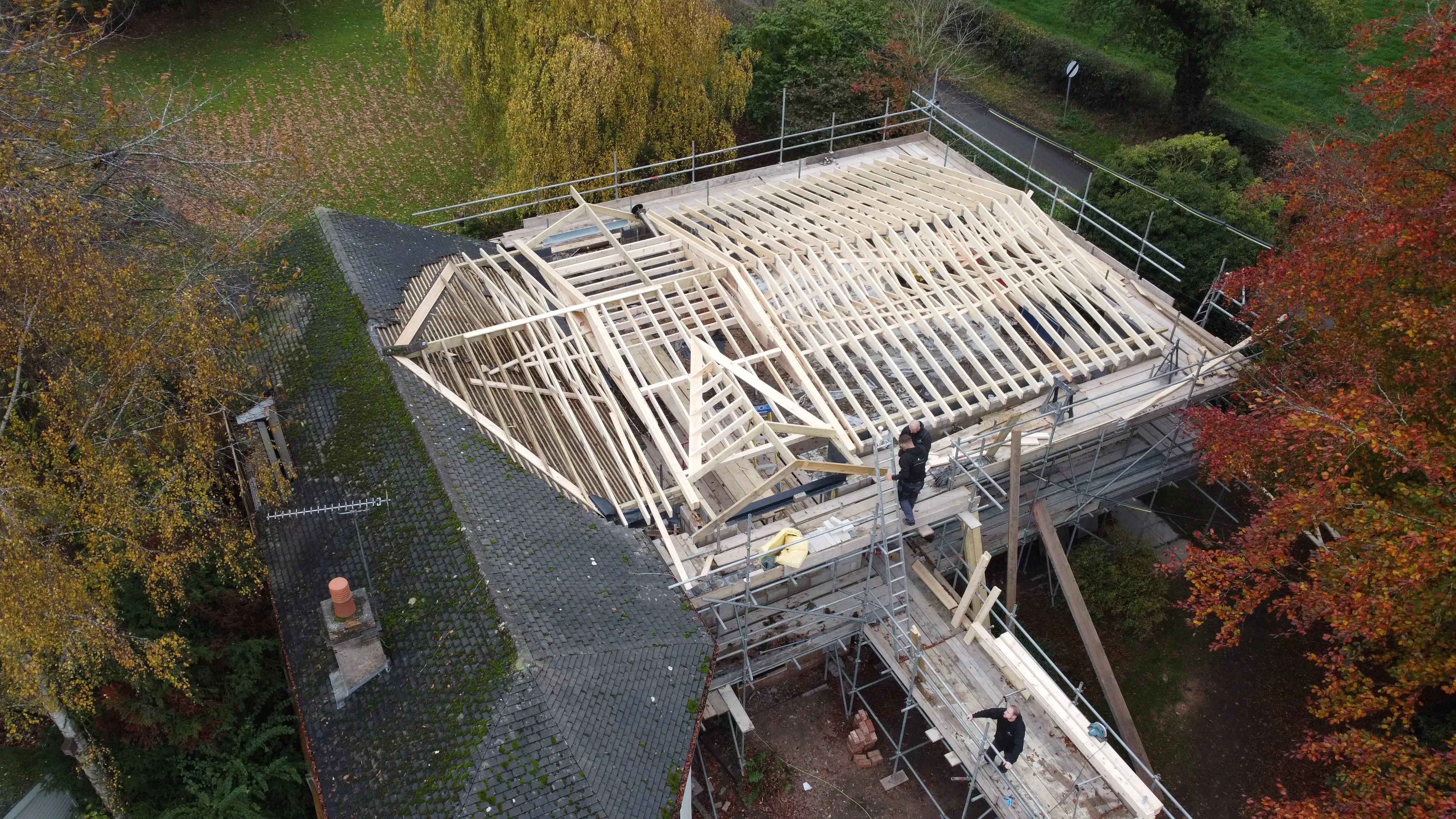 an aerial view of a house being built
